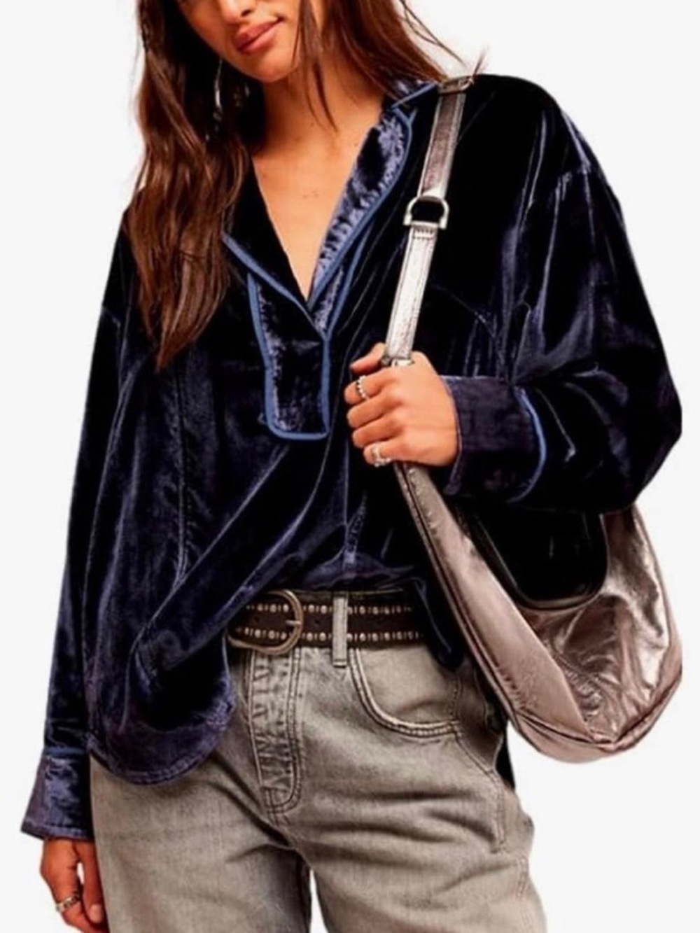 We The Free Dark Blue Long Sleeve Blouse